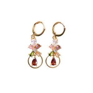 Gold-Tone Multicolor Floral Crystal Hoop Drop Earrings for Women