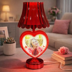 Red Heart Shape Photo Table Lamp with Shade for Bedroom, Side Table & Gift Decor
