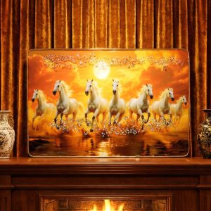 Seven White Running Horses Sunset Wall Art Frame