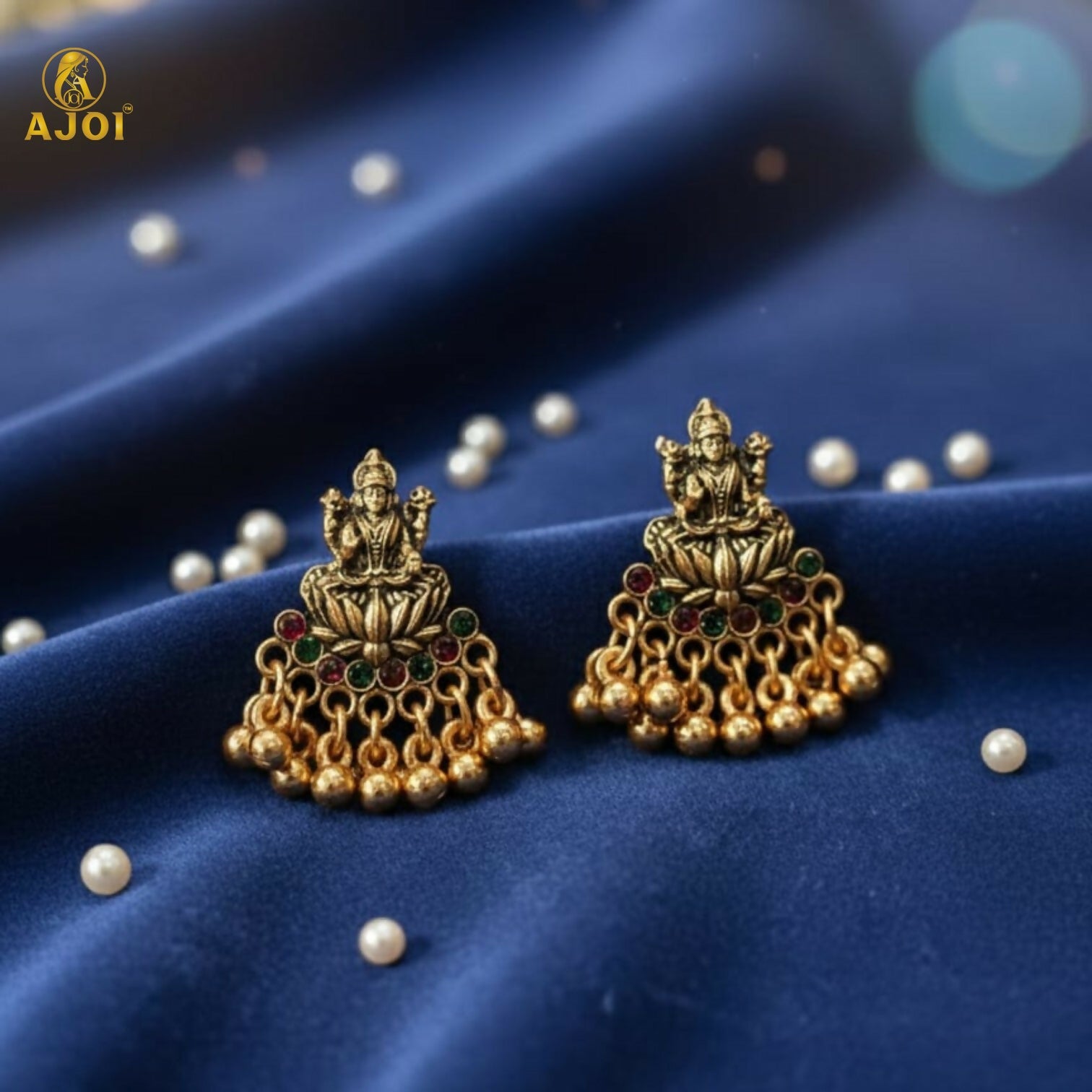 Divine Lakshmi Idol Antique Gold Mini Jhumka Earrings with Multicolor Stone Detailing