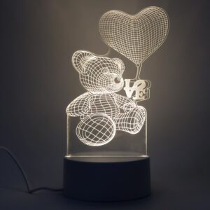 3D Illusion LED Night Lamp with Teddy Bear Holding Heart Design