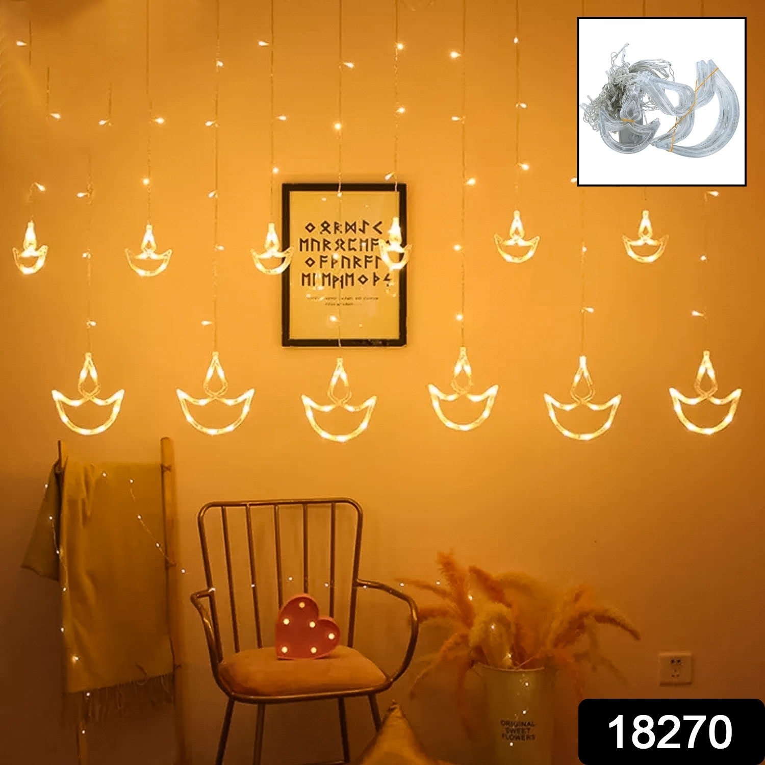 12 Diya Curtain String Lights, Window Curtain Lights (White Color)