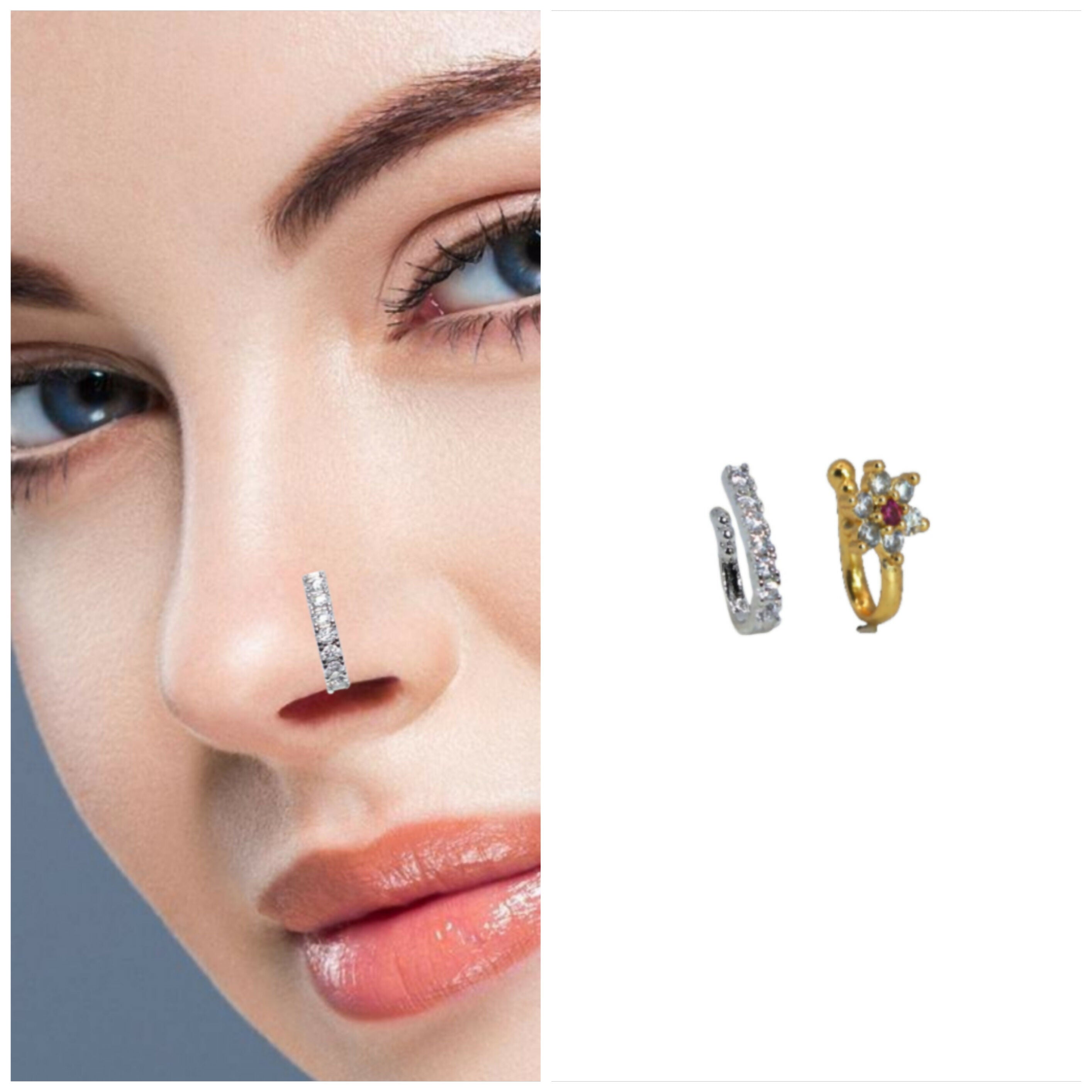 CZ Hoop & Floral Gold Plated Nose Clip Stud Set Combo Pack of 2