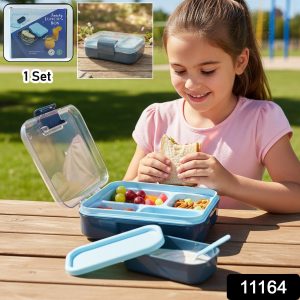 3 Compartment Snacky Lunch Box Set With 2 In 1 Spoon (1 Set)