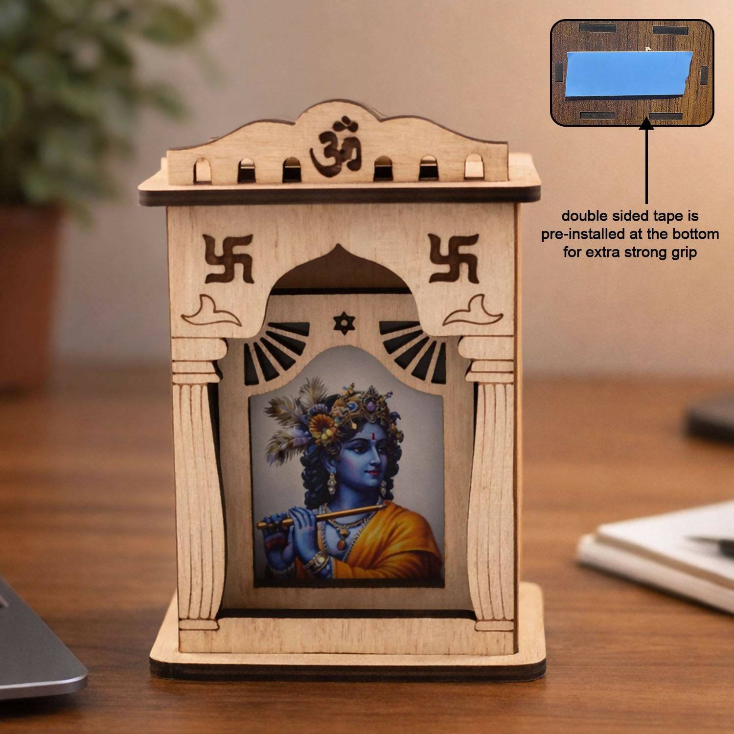 Wooden Krishna Mini Temple with Printed Image & Adhesive Base – Tabletop Mandir - Image 2