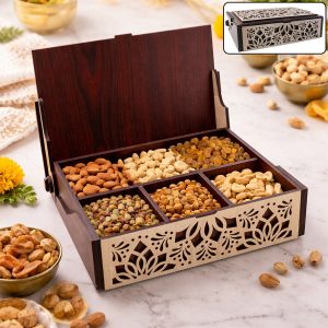 Premium 4 Compartment Wooden Dry Fruit Box with Decorative Laser Cut Lid