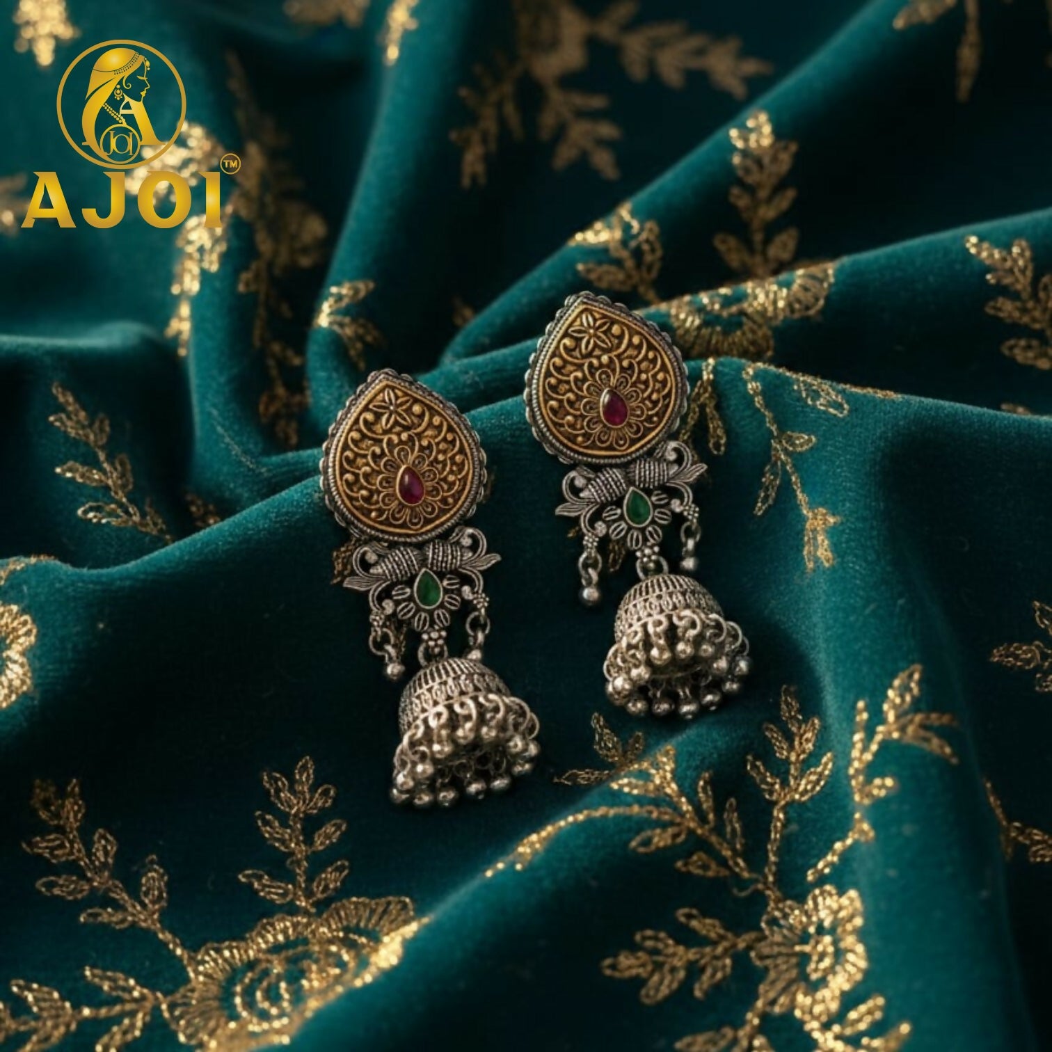 Premium Dual Tone Stone Jhumka Earrings with Elegant Traditional Detailing - Image 4