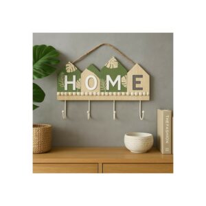 Rustic Wooden Wall Key Holder with “HOME” Letter Design – Decorative Wall Hanging with 4 Sturdy Hooks and Rope Hanger – Ideal for Entryway, Living Room, Kitchen, Bedroom, Office, and Housewarming Gifting