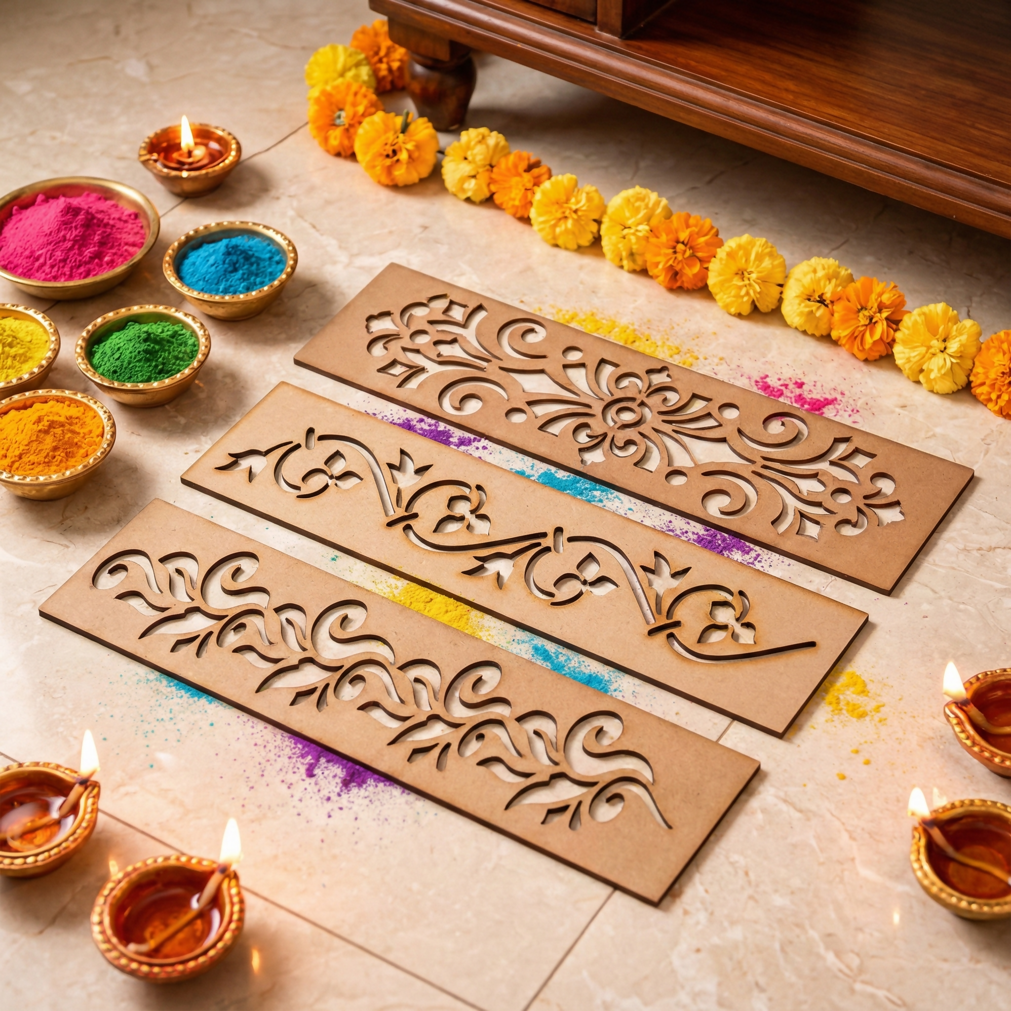 Wooden Rangoli Border Stencils - Set of 3 Traditional Designs for Diwali and Festivals - Image 2