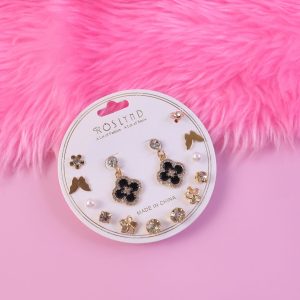 Elegant Gold & Black Combo Earrings Set for Women | Floral, Bow, Pearl & Stud Earrings | Fashion Jewelry Gift Set (Pack Of 7)