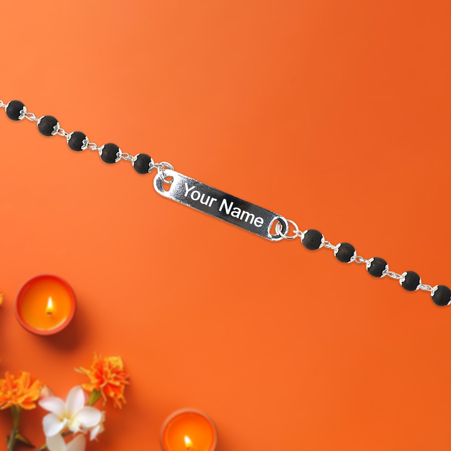 Custom Black Bead Name Bracelet – Personalized Silver Plate Bracelet for Men