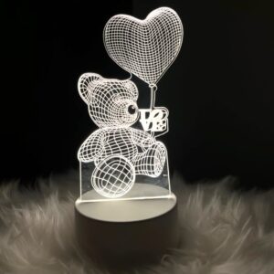 3D Illusion LED Night Lamp with Teddy Bear Holding Heart Design