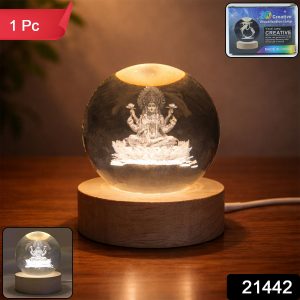 3D Crystal Lakshmi Ball LED Night Lamp with Wooden Base