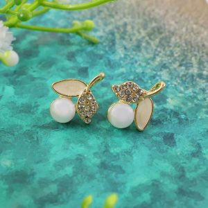 Luxury Korean Pearl Leaf Stud Earrings for Women & Girls – Premium Gold Plated Designer Jewellery