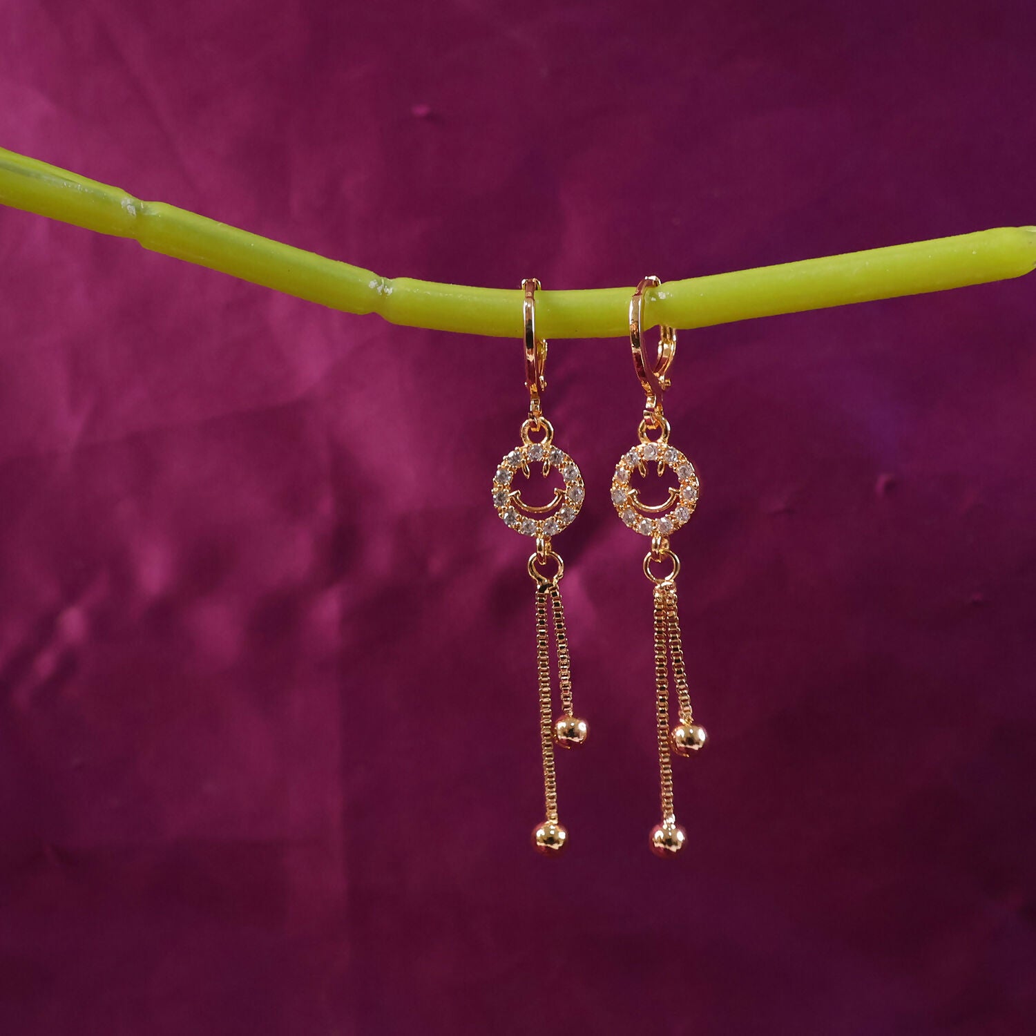 Gold-Tone Smiley Crystal Circle Tassel Drop Earrings for Women - Image 2
