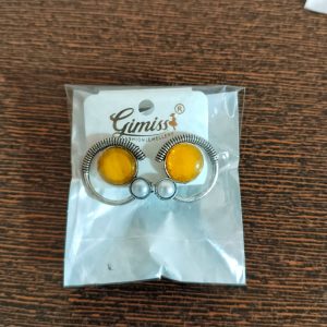 Oxidized Silver Stud Earrings with Yellow Citrine Glass and Pearl Accents