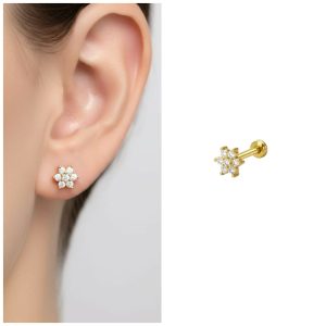 Gold Plated Crystal Flower Labret Flat Back AD Stud Earring Pack of 1 PCS