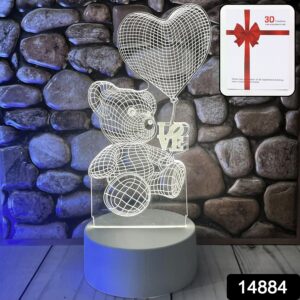 3D Illusion LED Night Lamp with Teddy Bear Holding Heart Design