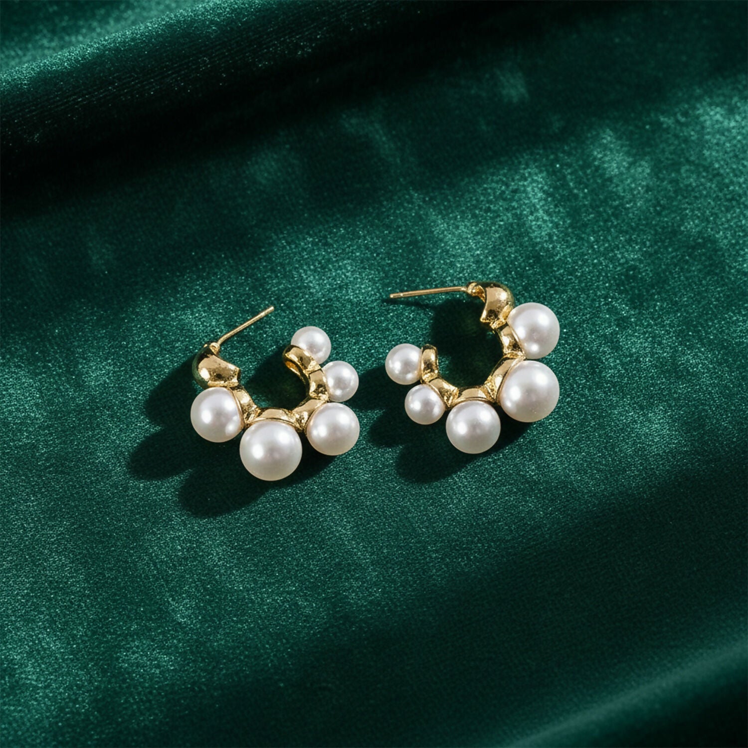 Elegant Pearl Cluster Hoop Earrings for Women – Korean Style Gold Plated Fashion Jewellery - Image 3