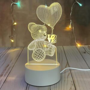 3D Illusion LED Night Lamp with Teddy Bear Holding Heart Design