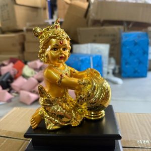 Bal Krishna Butter Pot Idol Golden Finish Statue for Home Temple Decor