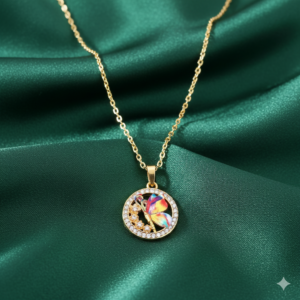 Gold Butterfly Pendant Necklace - Colorful Crystal Circle For women and girls