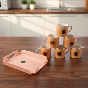 7-Piece Ceramic Coffee Mug Set with Serving Tray