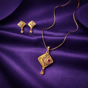 Ruby Square Gold Pendant and Earring Set Elegant Traditional Jewelry Set for Women