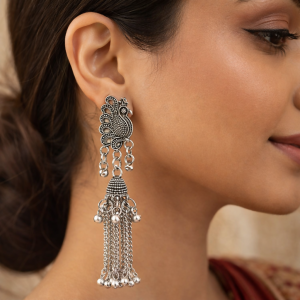 ELEGANT OXIDISED PEACOCK LONG CHAIN JHUMKA EARRINGS