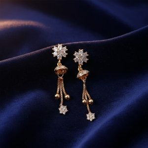 Floral Crystal Drop Earrings with Gold-Tone Chain Tassels