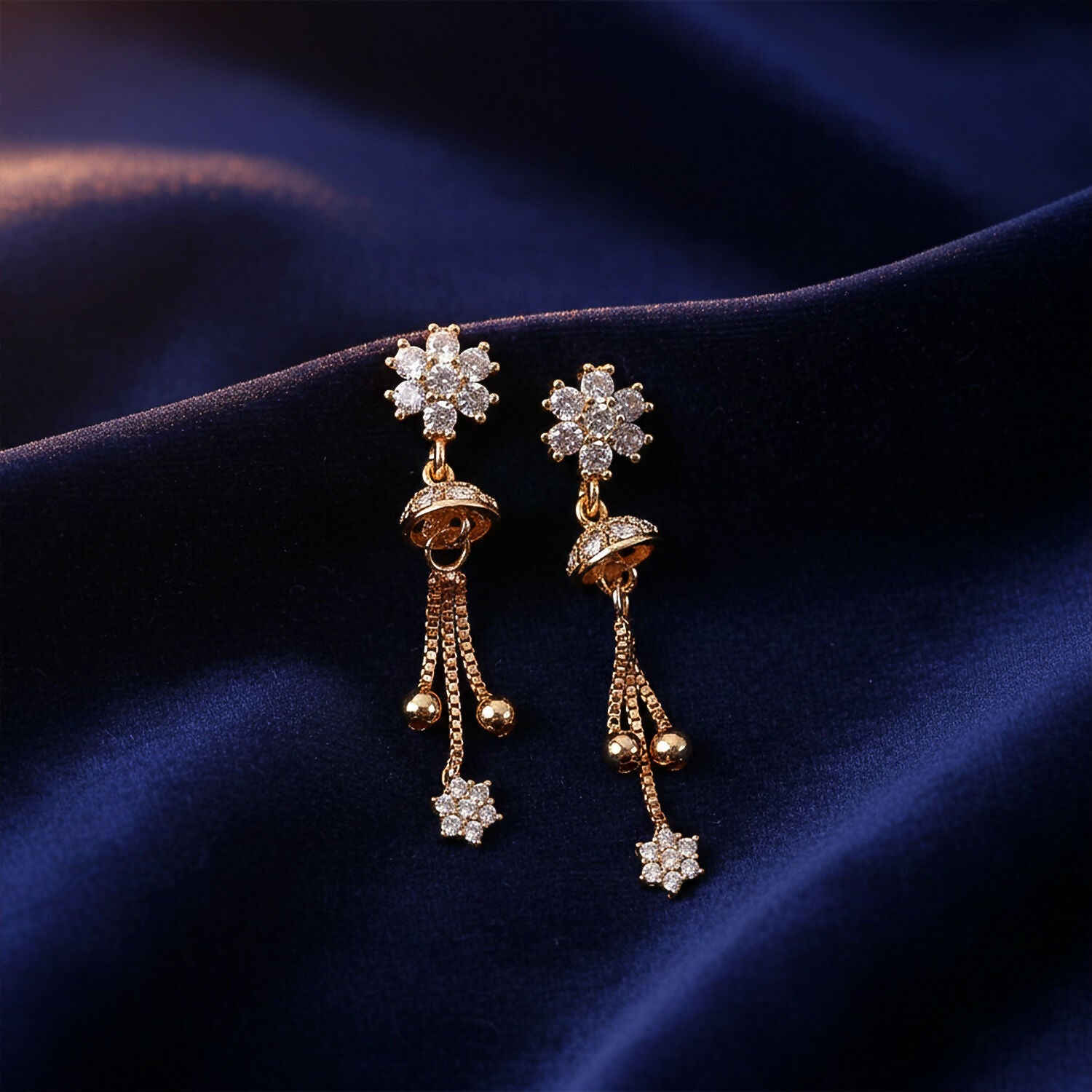 Floral Crystal Drop Earrings with Gold-Tone Chain Tassels - Image 2