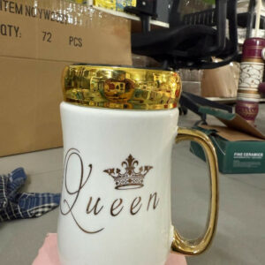 Premium Queen Ceramic Mug with Lid | Luxury Golden Handle & Crown Print | Stylish Tea & Coffee Cup for Women | Elegant Gift Mug for Wife, Girlfriend, Sister, Mom | Heat-Retaining Lid | Designer Mug for Home & Office (White – Queen Edition)