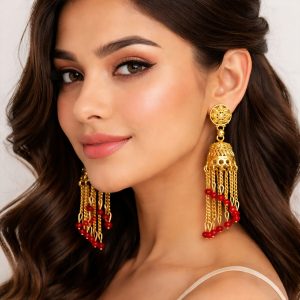 Traditional Gold Tone Chain Tassel Jhumka Earrings with Red Beads Long Ethnic Dangle Earrings for Women