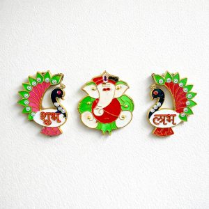 Acrylic Meenakari Peacock Ganesh Shubh Labh Door Hanging – Set of 3