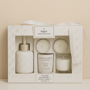 Luxury Peony Fragrance Gift Set with Scented Candle, Reed Diffuser & Tealights