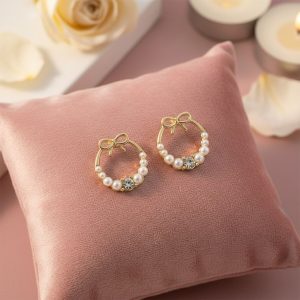 Elegant Bow Pearl Hoop Earrings for Women | Gold Plated Crystal Stud Hoops | Cute Korean Style Fashion Jewelry