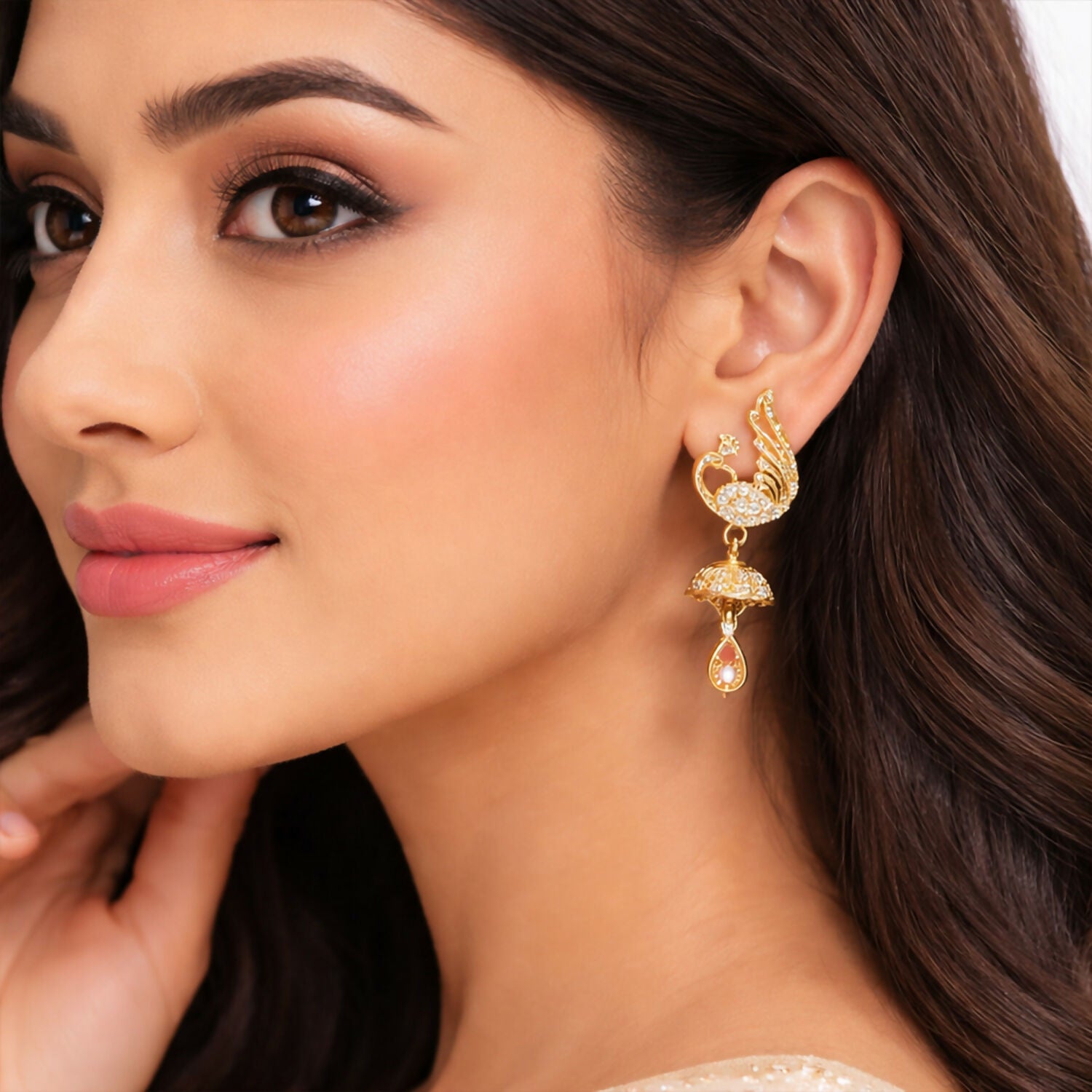 Gold-Tone Swan Design Crystal Studded Drop Earrings for Women - Image 2