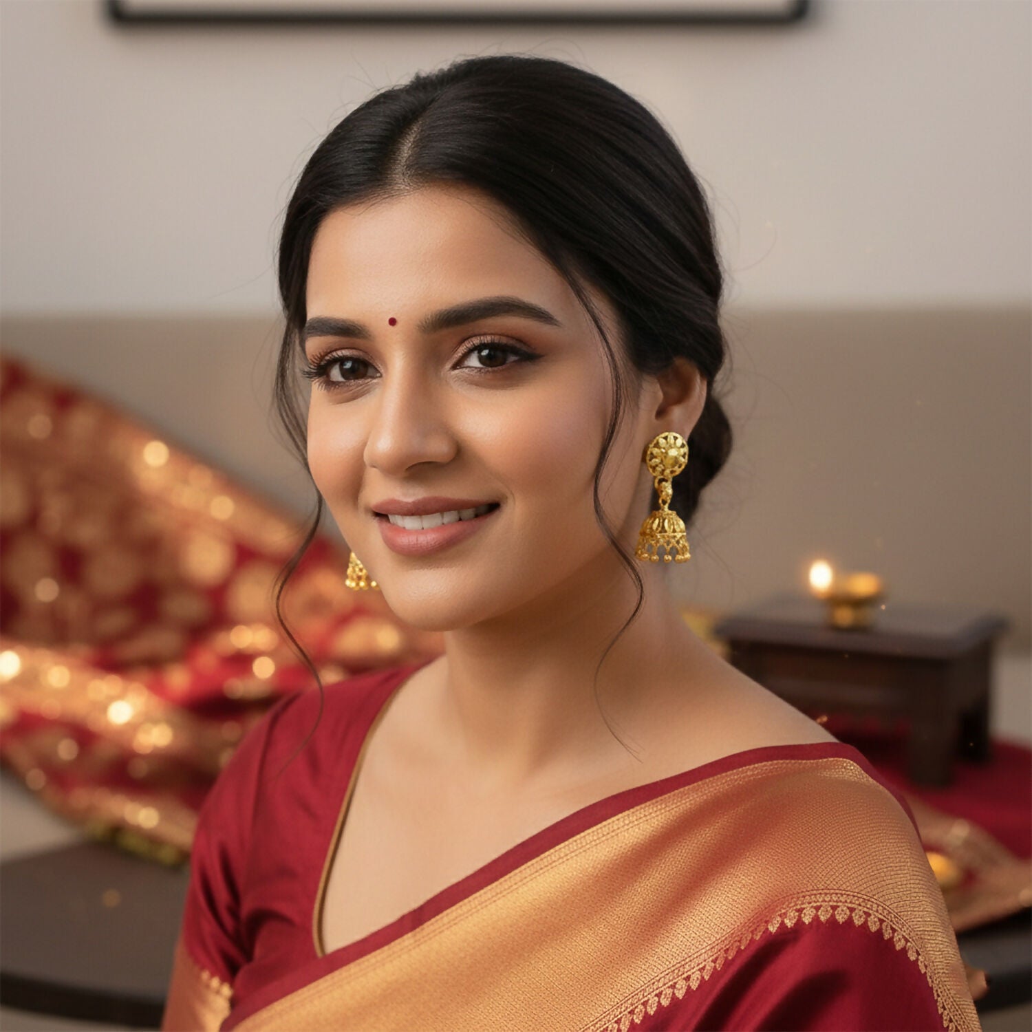 Copy of Elegant Gold Plated Floral Jhumka Earrings for Women Traditional Festive Wear - Image 4