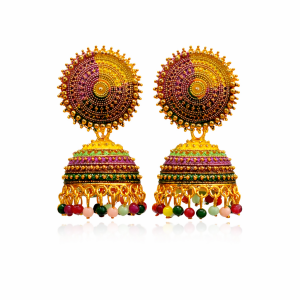 Traditional jhumka earrings adorned with multicoloured detailing