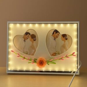 Romantic Dual Heart-Shape LED Light Photo Frame for Couple | Decorative Floral Wedding & Anniversary Picture Frame | USB Powered Warm Light Love Frame for Bedroom, Living Room & Gifting | Premium Couple Photo Display for Home Décor