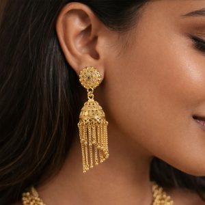 Traditional Gold Tone Long Tassel Jhumka Earrings Floral Stud Dome Drop Ethnic Earrings for Women