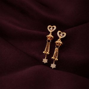 Gold Plated Double Heart Crystal Drop Earrings with Hanging Star Tassel