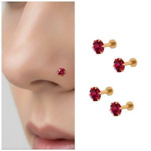 Gold Plated Red Ruby AD Nosepin Stud Flat Back Labret Piercing Combo Pack of 4