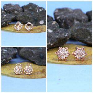 Rose Gold AD Stud Earrings Set | 3 Pair Combo | Diamond Look for women and girls