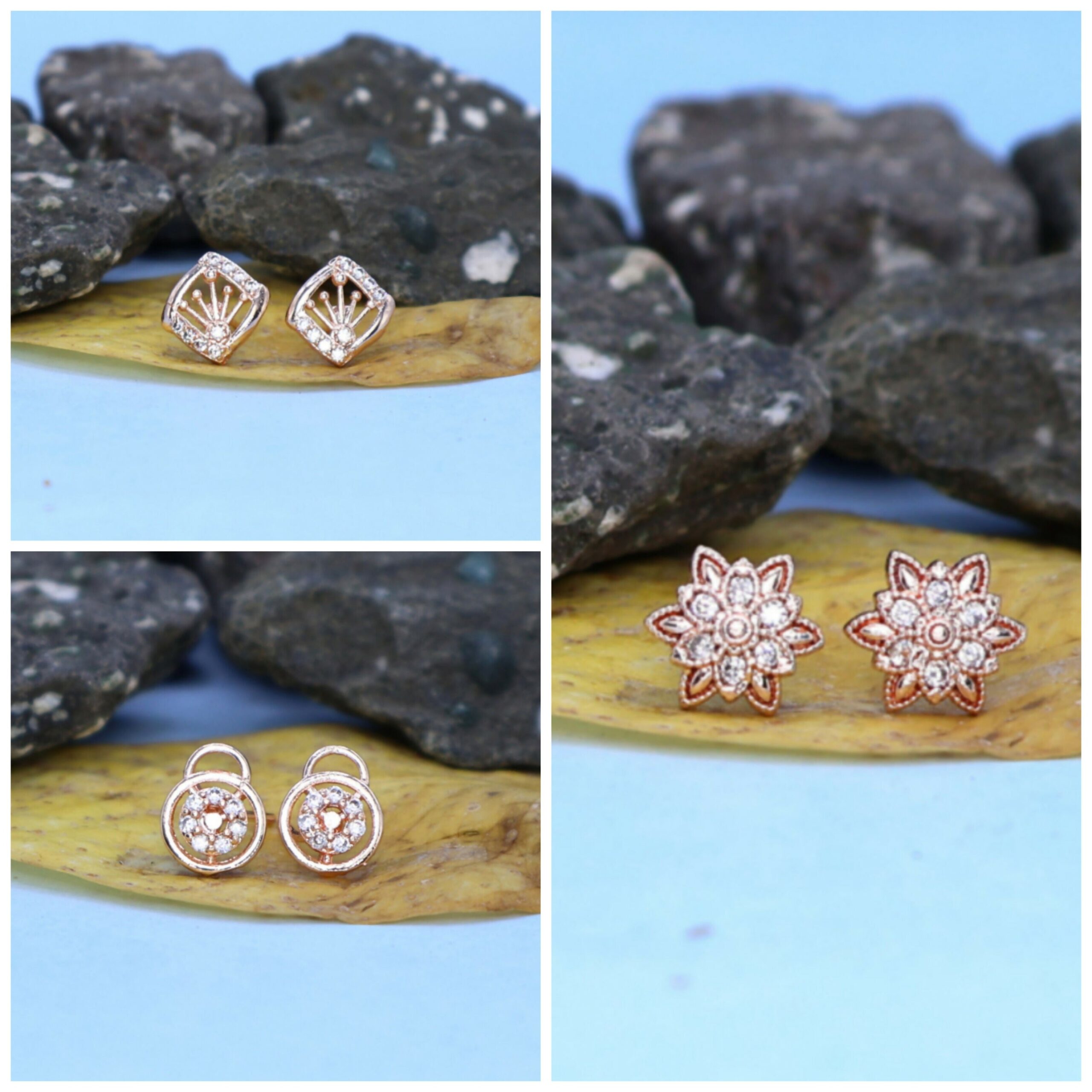 Rose Gold AD Stud Earrings Set | 3 Pair Combo | Diamond Look for women and girls