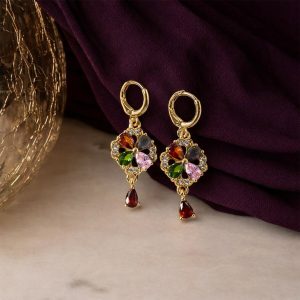 Gold-Tone Multicolor Crystal Floral Drop Hoop Earrings for Women