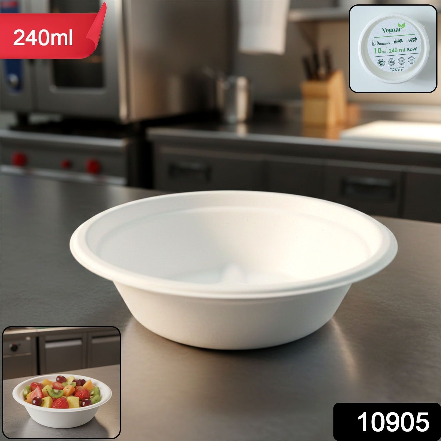 Vegnar 240 ml Compostable Bagasse Bowl (10 Pc) - Image 2