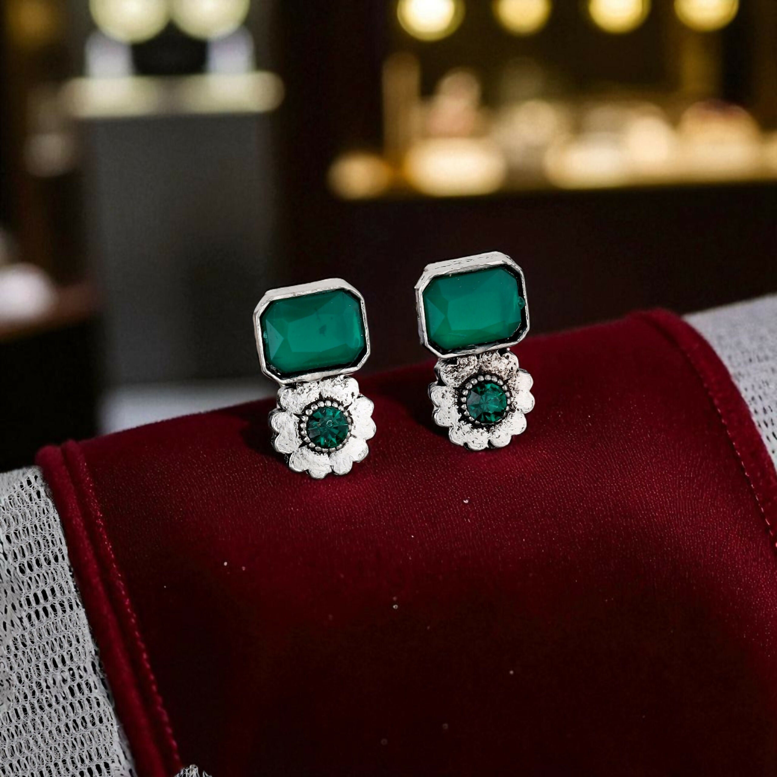 Bohemian Oxidized Silver Choker Set with Emerald Green Stones