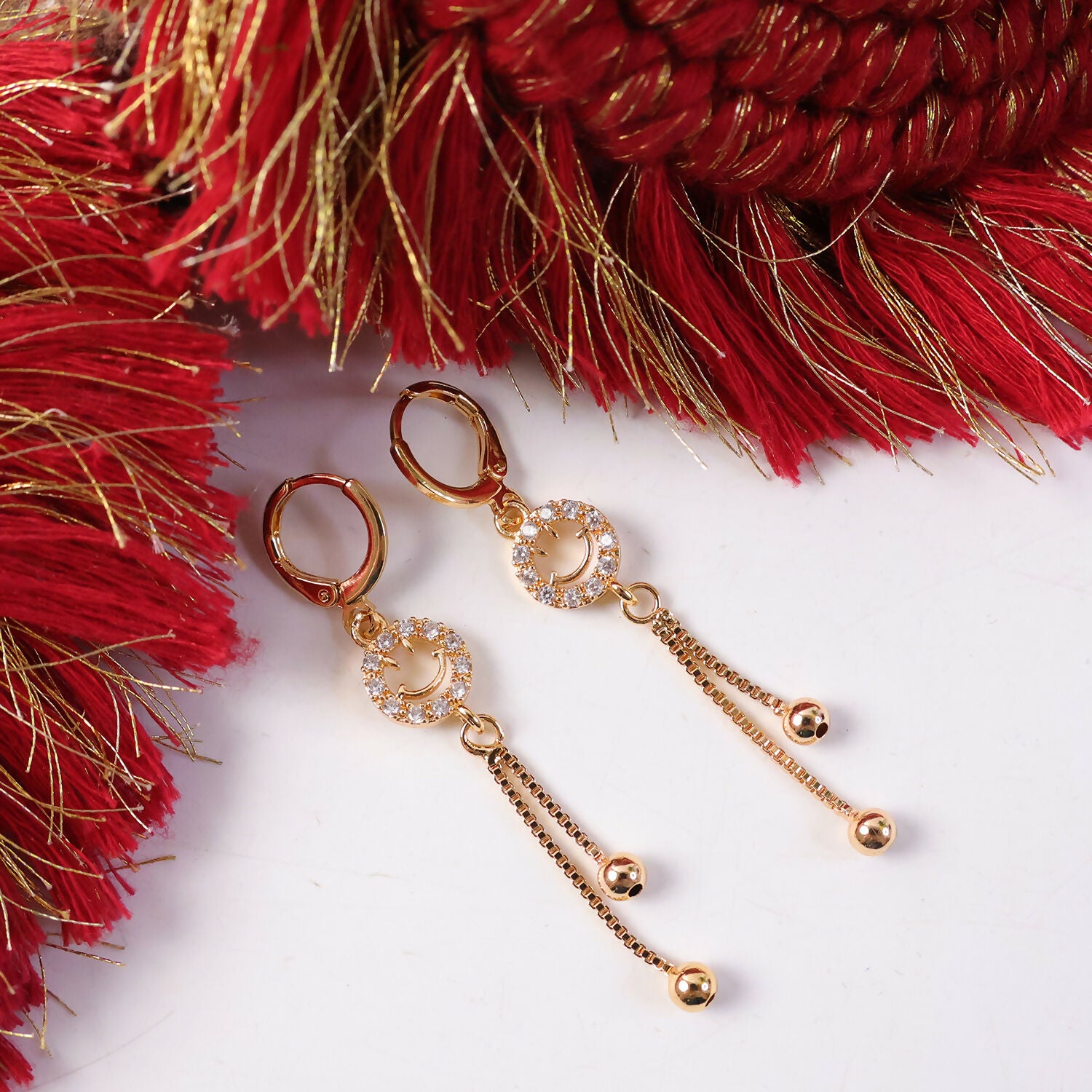 Gold-Tone Smiley Crystal Circle Tassel Drop Earrings for Women - Image 4