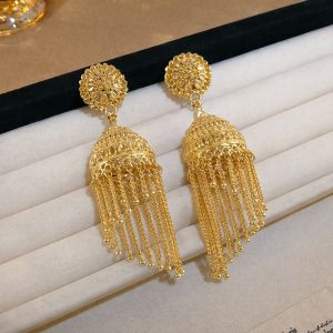 Traditional Gold Tone Jhumka Earrings with Red Bead Tassel Design For Woman And Girl